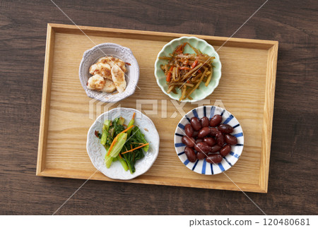 Japanese side dishes on a tray Japanese side dishes on a tray 120480681
