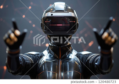 A man in a stormtrooper suit wearing virtual reality glasses. Concept of virtual games A man in a stormtrooper suit wearing virtual reality glasses. Concept of virtual games 120480723