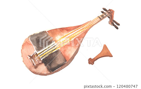Watercolor illustration of a Japanese lute Watercolor illustration of a Japanese lute 120480747