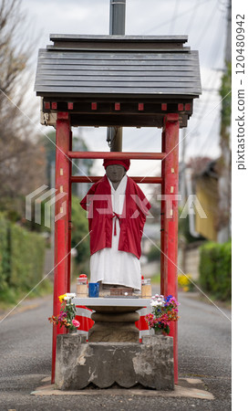 Koyama Jizo statue blocking the road Koyama Jizo statue blocking the road 120480942