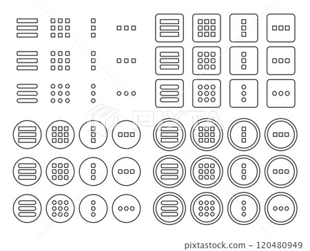 Hamburger menu symbol icons set. Menu icon for web and mobile apps. Buttons for website UI navigation. Vector illustration. Isolated on white backgrounds. Hamburger menu symbol icons set. Menu icon for web and mobile apps. Buttons for website UI navigation. Vector illustration. Isolated on white backgrounds. 120480949