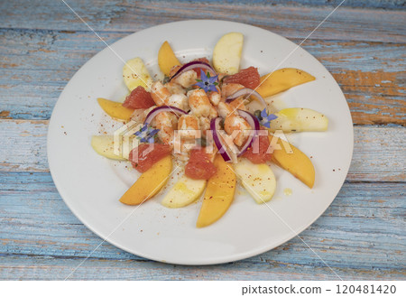 RECIPE CEVICHE OF SHRIMPS AND SCALLOPS WITH CITRUS FRUIT, LEMON, LIME, SQUEEZED ORANGE, GRAPEFRUIT 120481420