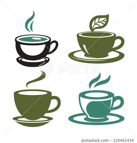 Set of A Cup of Hot Green Tea Aromatic Herbal Healthy Drink with Leaves in Cafe Set of A Cup of Hot Green Tea Aromatic Herbal Healthy Drink with Leaves in Cafe 120481434