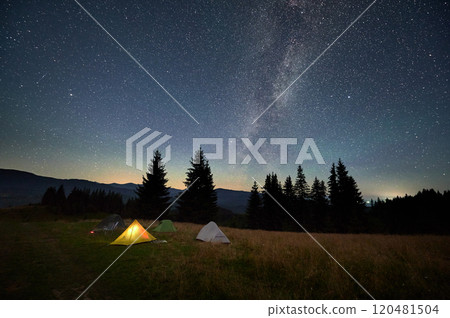 Several tents on grassy clearing under breathtaking, star-filled sky with Milky Way prominently visible. Pine trees and distant mountains frame scene, creating awe-inspiring camping experience. 120481504
