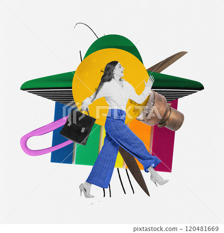 Contemporary art collage. Businesswoman walking confidently, surrounded by vibrant shapes and office symbols, representing ambition and adaptability. Contemporary art collage. Businesswoman walking confidently, surrounded by vibrant shapes and office symbols, representing ambition and adaptability. 120481669