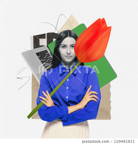 Contemporary art collage. Confident woman in blue shirt, holding tulip, surrounded by laptop and vibrant abstract shapes. Professionalism. 120481811