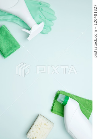 Concept of cleanliness and hygiene. Cleaning supplies and tools, including bottles, gloves, sponges, cloths 120481827