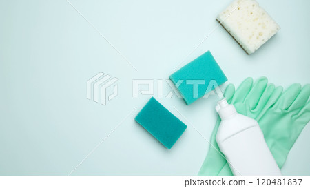 Concept of cleanliness and hygiene. Cleaning supplies and tools, including bottles, gloves, sponges, cloths 120481837