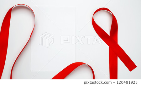 World AIDS Day. Red ribbon with awareness about AIDS and paper for mock up 120481923