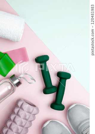 Athlete's equipment set dumbbells, resistance band, foam roller for Myofascial release, healthy lifestyle, 120481983