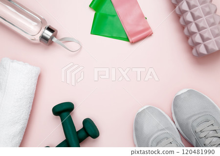 Healthy lifestyle, athlete's equipment set dumbbells, resistance band, foam roller for Myofascial release Healthy lifestyle, athlete's equipment set dumbbells, resistance band, foam roller for Myofascial release 120481990