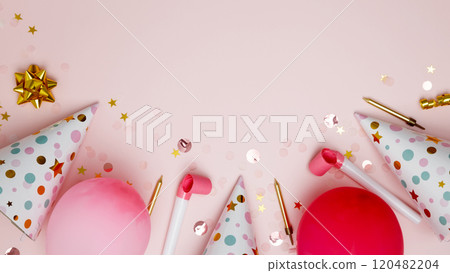 Concept of festive birthday celebrations. Birthday attributes colorful balloons, party hats and confetti Concept of festive birthday celebrations. Birthday attributes colorful balloons, party hats and confetti 120482204