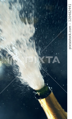 Celebration theme with splashing champagne on black background. Celebration theme with splashing champagne on black background. 120482441