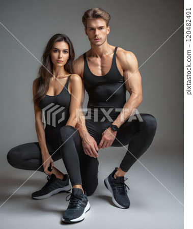 A woman with a beautiful figure leaning on a muscular young man crouching on his knees A woman with a beautiful figure leaning on a muscular young man crouching on his knees 120482491