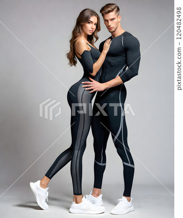 A pair of beautiful men and women with hands on their chests and hands on their hips A pair of beautiful men and women with hands on their chests and hands on their hips 120482498