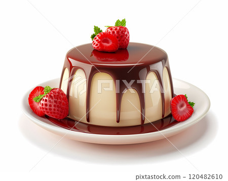 3D Panna cotta with berry sauce, dessert element. Illustration 120482610