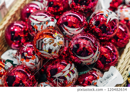 Christmas tree decorations on a store counter close-up Christmas tree decorations on a store counter close-up 120482634