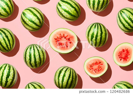 Single sliced watermelon among whole green watermelons on market stall 120482686