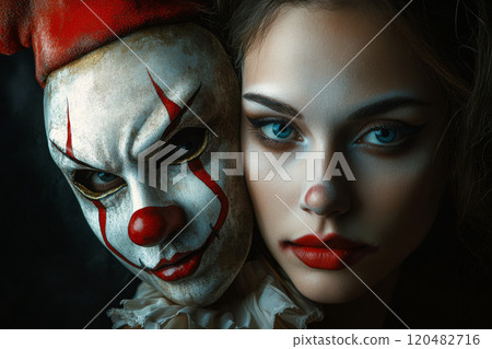 Close-up of woman with scary clown mask 120482716