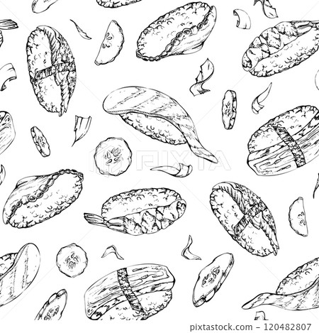 Traditional Japanese food, nigiri sushi with raw fish tuna salmon unagi shrimp, tamagoyaki tako octopus, hand drawn in vector pen, ink. Seamless pattern for restaurant, cafe menu, kitchen, recipe book 120482807