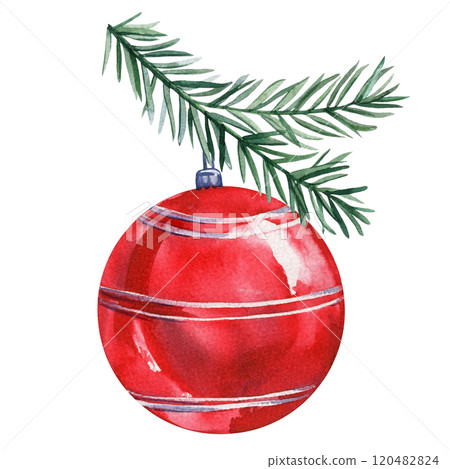 Red bauble with pine branch. Christmas glass ornament, holiday decoration isolated. Watercolor festive illustration card 120482824