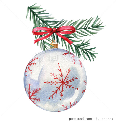 White glass bauble with pine branch and red bow. Christmas decoration isolated. Watercolor festive winter illustration White glass bauble with pine branch and red bow. Christmas decoration isolated. Watercolor festive winter illustration 120482825