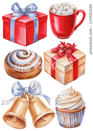 Holiday set of watercolor elements on isolated white background. Red gift, cinnamon bun, bells, cupcake and mung cocoa 120482826
