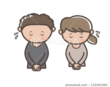 Upper body illustration of a young couple bowing and apologizing 120482980