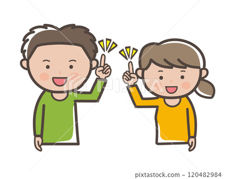 一對年輕男女夫婦解釋要點的上半身插圖 120482984