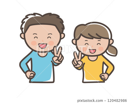 Upper body illustration of a young couple smiling and making a peace sign Upper body illustration of a young couple smiling and making a peace sign 120482986