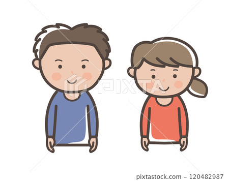 一對年輕男女面帶微笑面向前方的上半身插圖 一對年輕男女面帶微笑面向前方的上半身插圖 120482987
