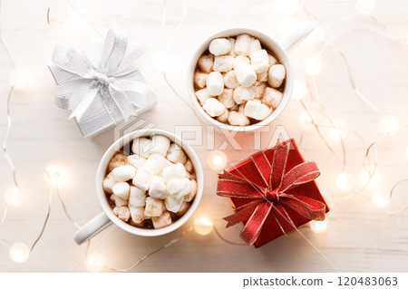 Cups of delicious hot chocolate and artisanal gift box Cups of delicious hot chocolate and artisanal gift box 120483063