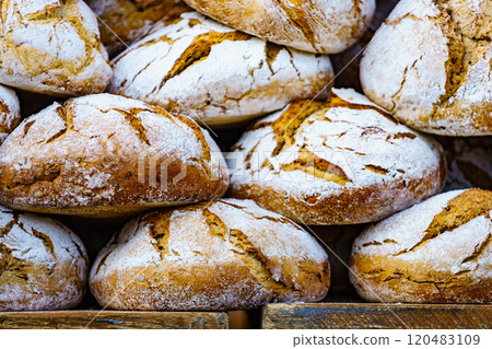 Many rustic fresh bread loaves Many rustic fresh bread loaves 120483109