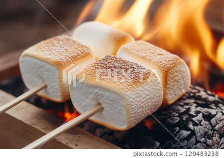 Marshmallows on skewers being roasted over an open flame 120483238