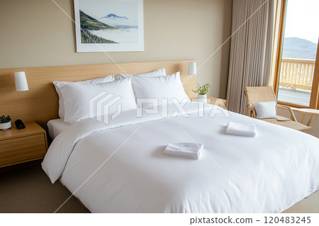 Modern bedroom with wooden accents, a white bedspread, and big window Modern bedroom with wooden accents, a white bedspread, and big window 120483245