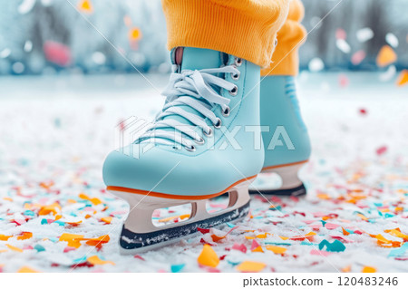 Ice skates on a festive rink covered in colorful confetti. Winter fun Ice skates on a festive rink covered in colorful confetti. Winter fun 120483246