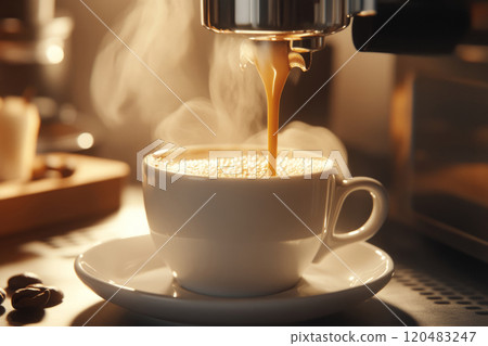 Hot espresso flowing from a coffee machine into a cup 120483247