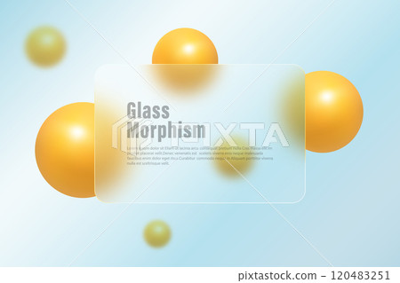 Glass morphism landing page with rectangular frame. Vector illustration with blurred floating spheres in orange color Glass morphism landing page with rectangular frame. Vector illustration with blurred floating spheres in orange color 120483251