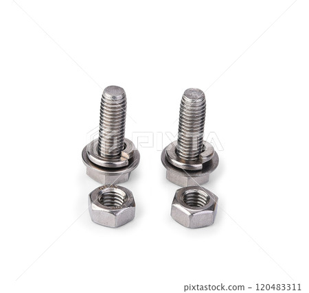Hex bolt nut and washer on white background Hex bolt nut and washer on white background 120483311
