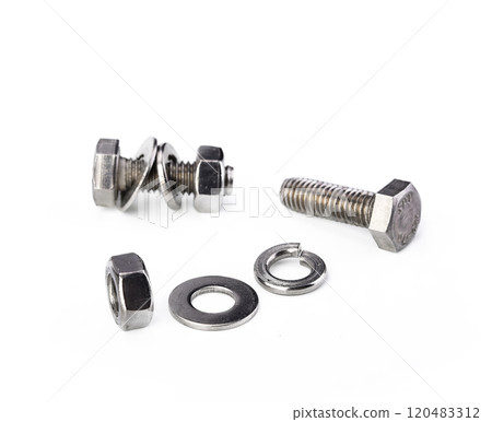 Hex bolt nut and washer on white background 120483312