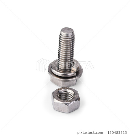 Hex bolt nut and washer on white background Hex bolt nut and washer on white background 120483313