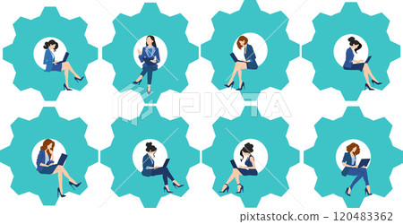 Illustration set of business women who become cogs in society Illustration set of business women who become cogs in society 120483362