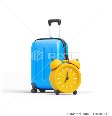 Vibrant 3D illustration of cute cartoon blue rolling suitcase with yellow alarm clock isolated on white background. Concept of travel, time management, vacation planning. 3D vector illustration. 120483612