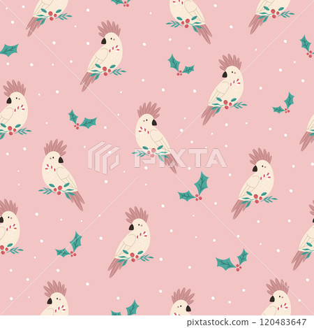 Christmas seamless pattern with adorable Australian cockatoo parrots. 120483647