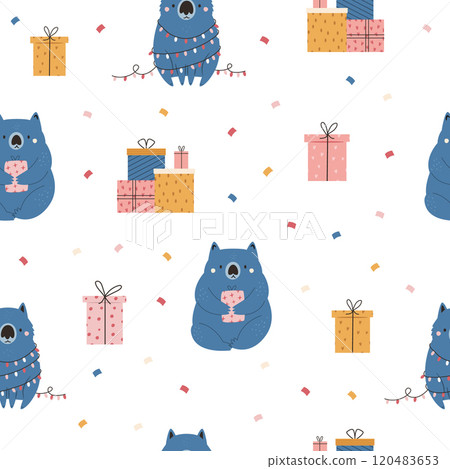 Christmas seamless pattern with adorable Australian wombats. 120483653