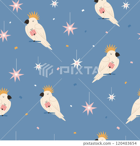 Christmas seamless pattern with adorable Australian cockatoo parrots. 120483654