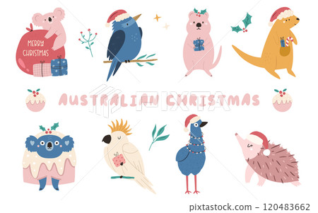Set of hand drawn Australian animals koala, quokka, kookaburra, cockatoo, emu, echidna, kangaroo 120483662