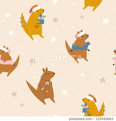 Christmas seamless pattern with adorable Australian kangaroos 120483663