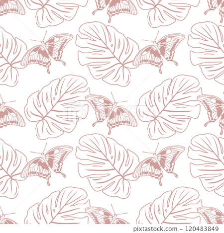 Butterflies and monstera leaves seamless pattern in ink. Hand drawn vector illustration. Graphic style. Textile, fabric, covers, packaging, wallpaper. 120483849