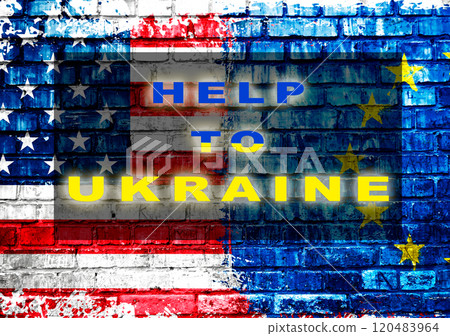 Flag with the words Help to Ukraine written on it 120483964